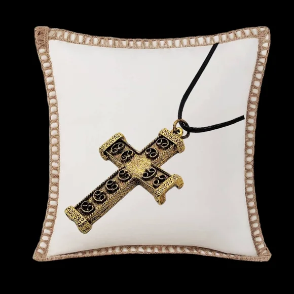 .Gold Plated Cross with a Beautiful Embossed Design and Black Leather Necklace - Picture 4 of 7